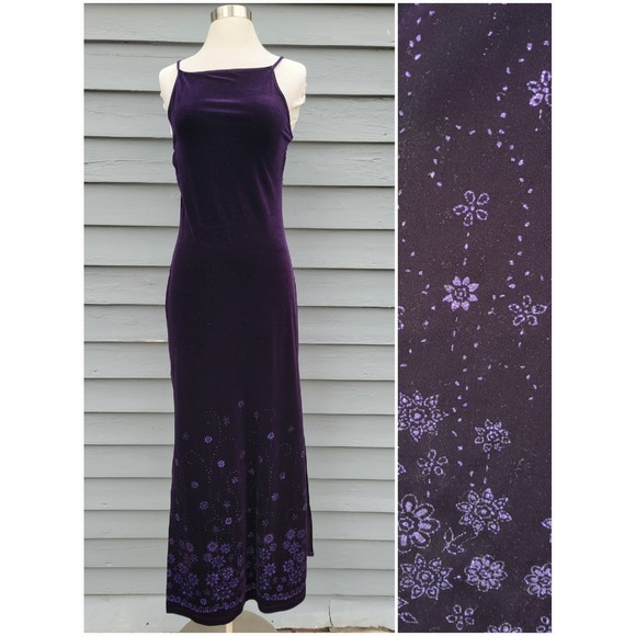 Vintage Dresses & Skirts - Status Collection Maxi Dress Purple Velvet Glitter Floral Slit Vintage Small